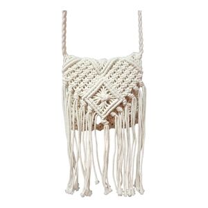 Cream Macrame Fringe Crossbody Bag With Top Zipper Closure